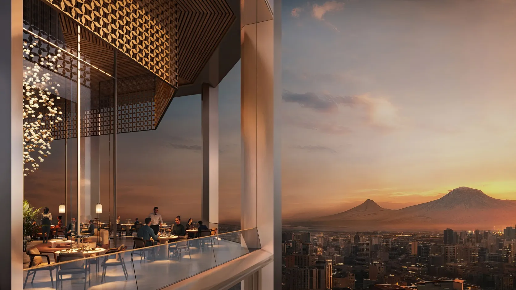 Visualisation d’un restaurant en hauteur dans l’une des tours, sous un plafond en bois ajouré, avec des convives attablés et, derrière la vitre, Erevan et le mont Ararat au coucher du soleil