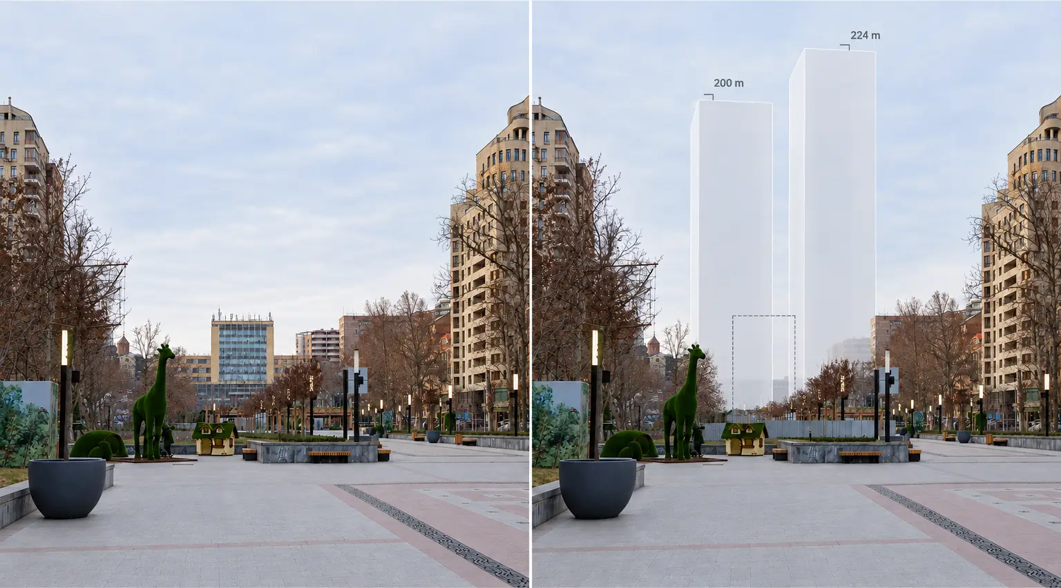 Illustration en deux volets depuis le même point du boulevard : à gauche, une reconstitution de la vue de 2019 avec la tour de Haypost ; à droite, deux volumes schématiques simples et translucides marqués 200 m et 224 m à sa place