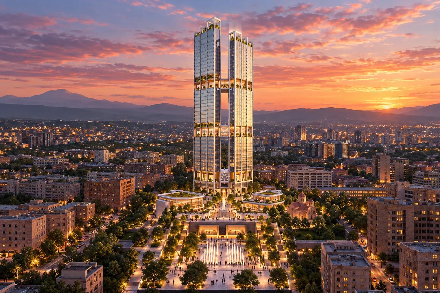 Illustration IA des tours prévues du WTC Yerevan au coucher du soleil, vues d’en haut : deux tours de verre reliées par des passerelles aux terrasses éclairées, au-dessus d’un socle et d’une longue place en gradins avec fontaines, une petite église à droite, les immeubles d’Erevan autour et des montagnes à l’horizon
